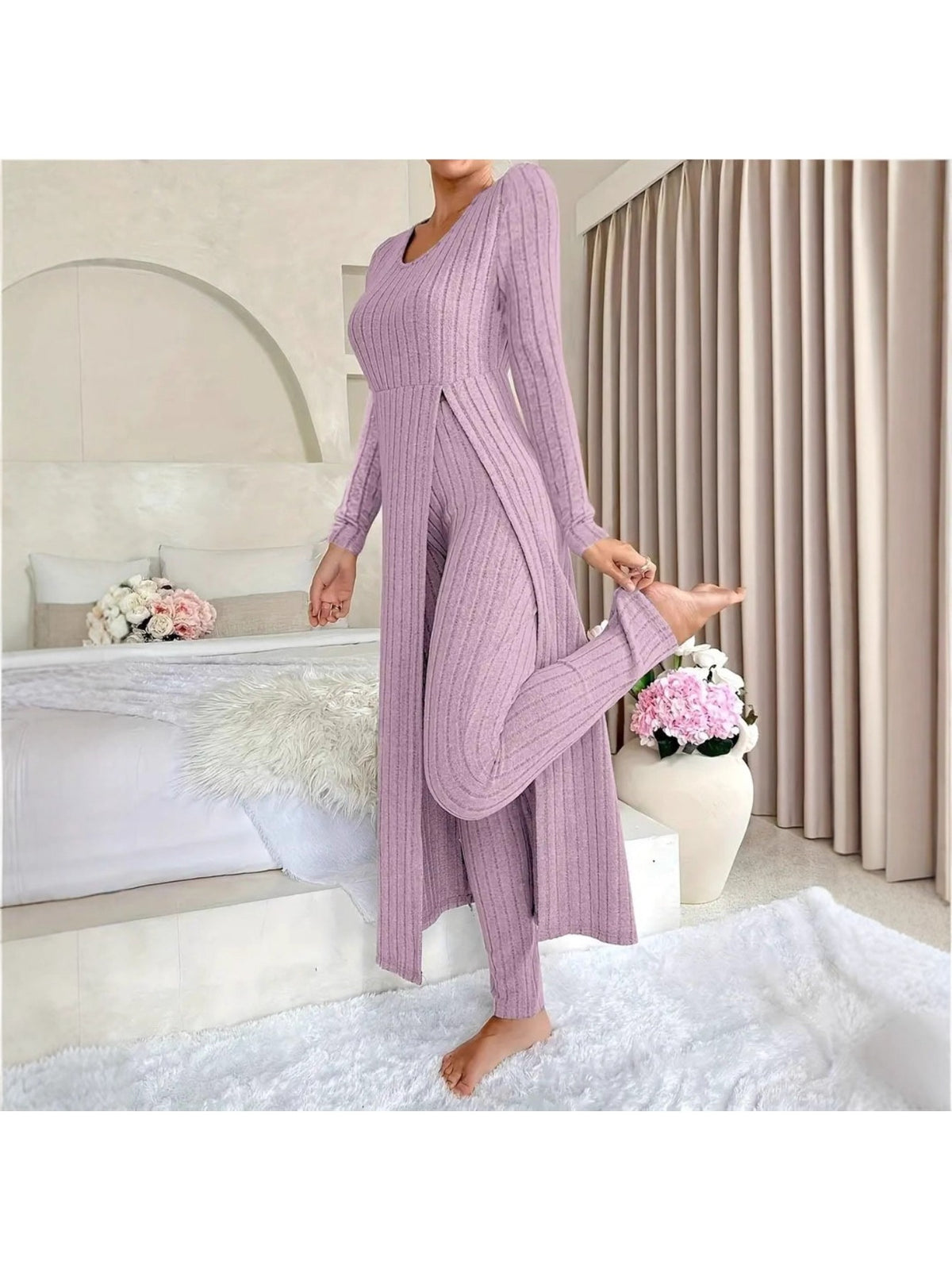 Heavyweight Fleece Lounge Set Women Oversized Long Sleeve Wide-Leg Pants Cozy Winter Two-Piece Ribbed Minimalist S-XL