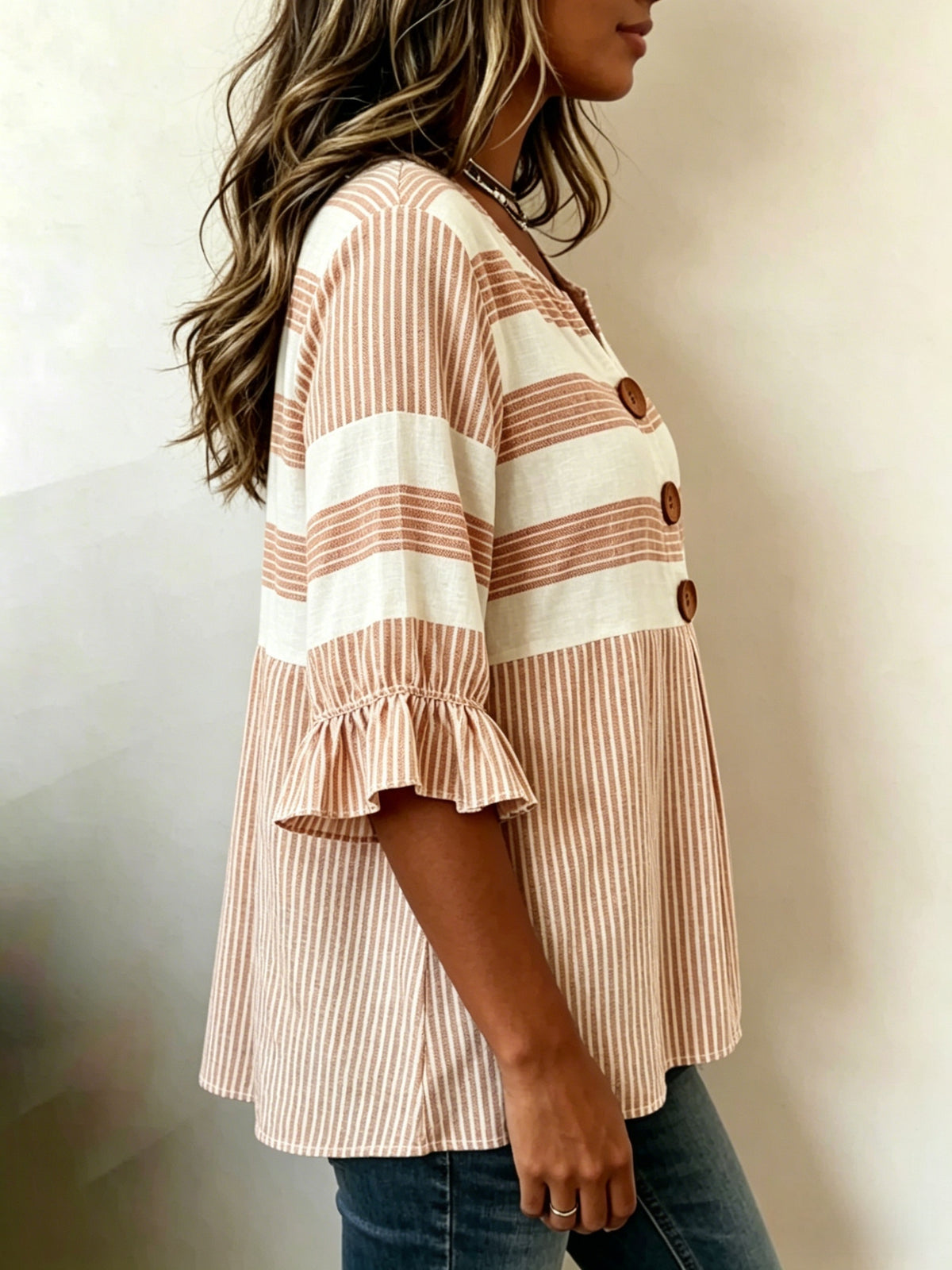 Striped V-Neck Blouse Women Ruffle 3/4 Sleeve Loose Fit Tunic Top Lightweight Linen Button Detail Summer Shirt S-2XL