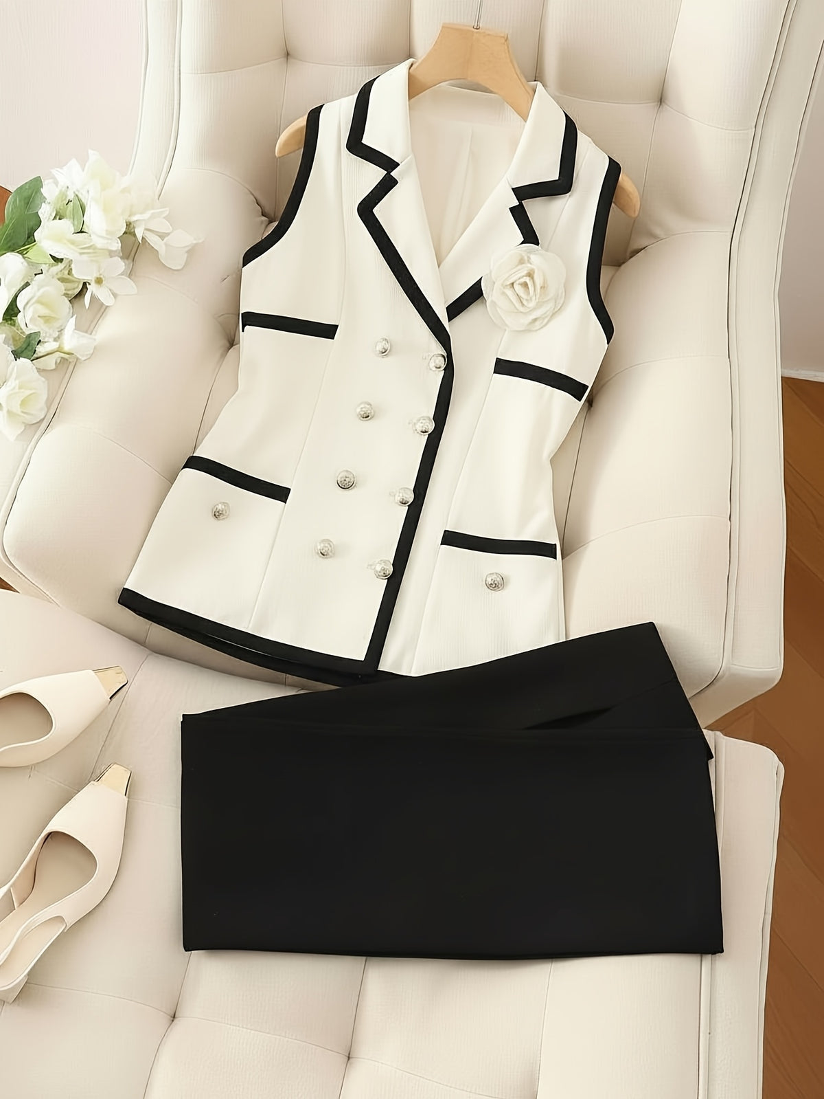 Blazer and Pencil Skirt Set Women 2pcs Contrast Collar White Blue Office Business Formal Outfit Fall Winter S-XL