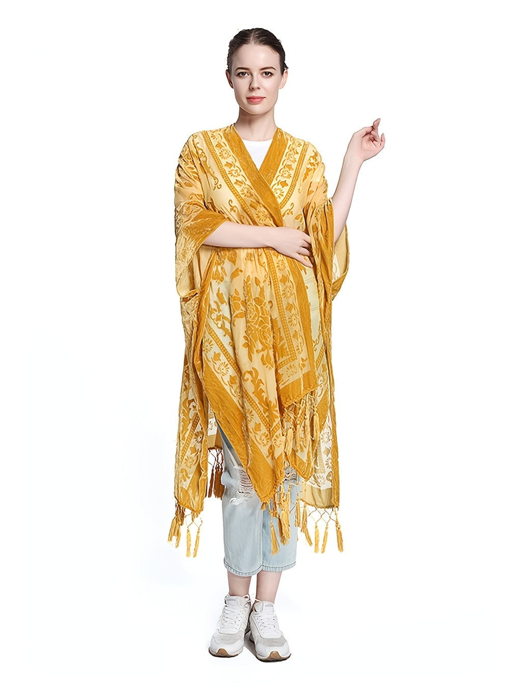 Boho Burnout Velvet Kimono Women Long Cardigan Cover Up Tassel Floral Embroidered One Size