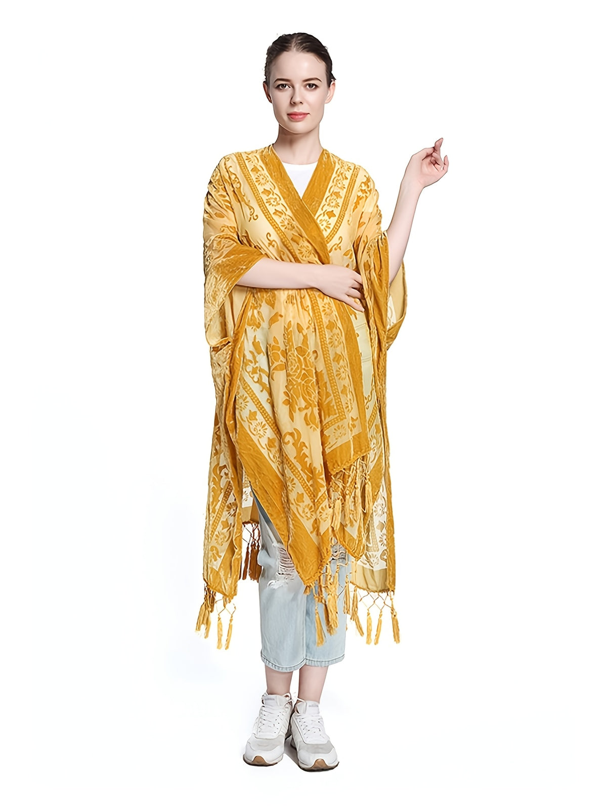 Boho Burnout Velvet Kimono Women Long Cardigan Cover Up Tassel Floral Embroidered One Size