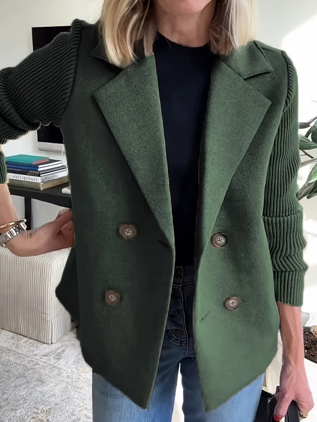 Women Double Breasted Loose Casual Suit Jacket Long Raglan Sleeve Solid Color Fall Winter Dark Brown Khaki Blue Grey Green Pink S-XXL