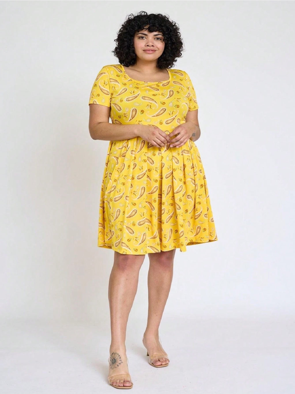 Paisley Floral Swing Dress Women Chevron Stripe Patchwork Pleated Square Neck Elastic Waist Midi Casual Plus Size S-3X