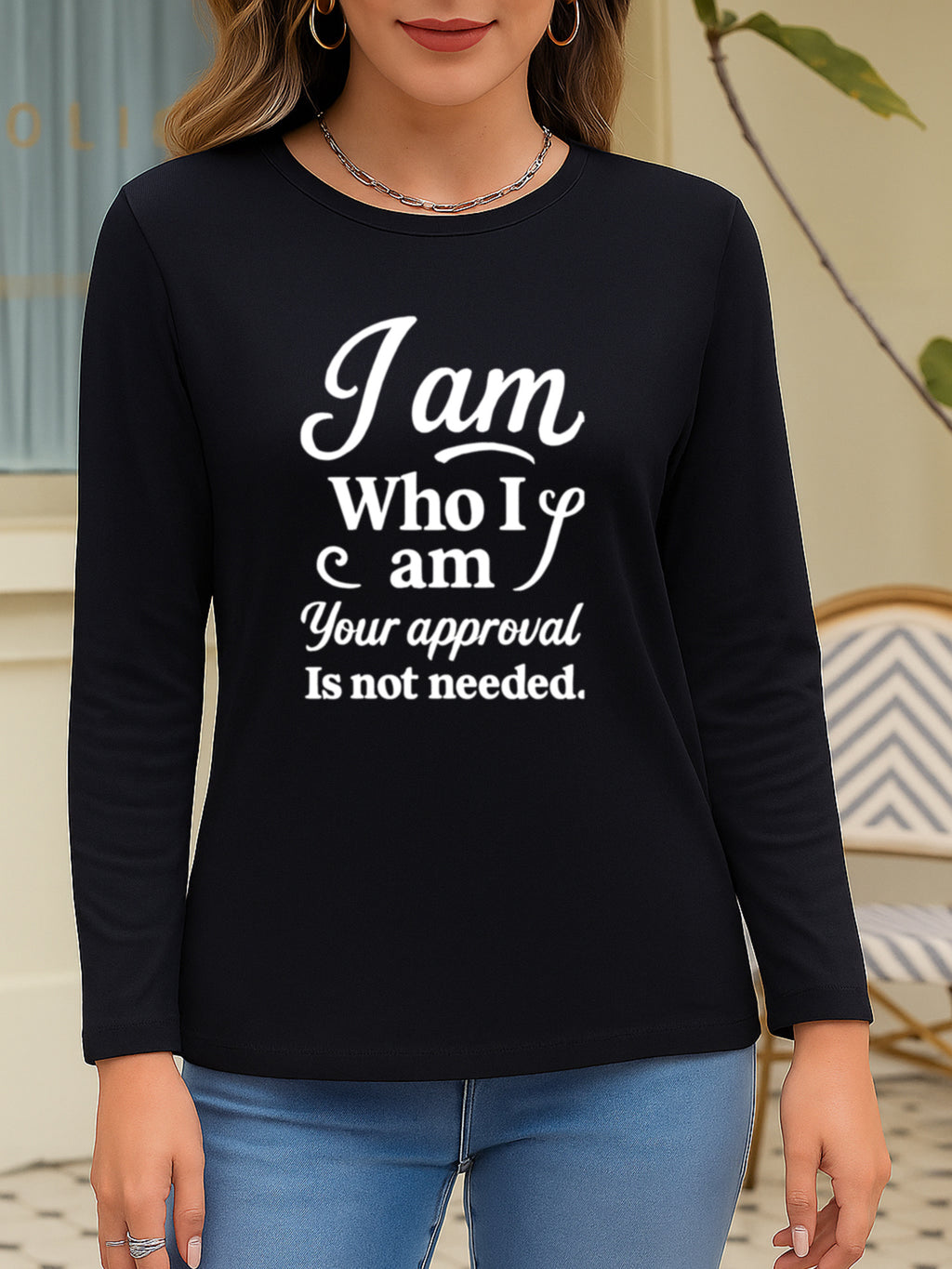 Slogan Print Long Sleeve T-Shirt Women Crew Neck Casual Graphic Tee for Travel Work Campus 100% Polyester S-XXL