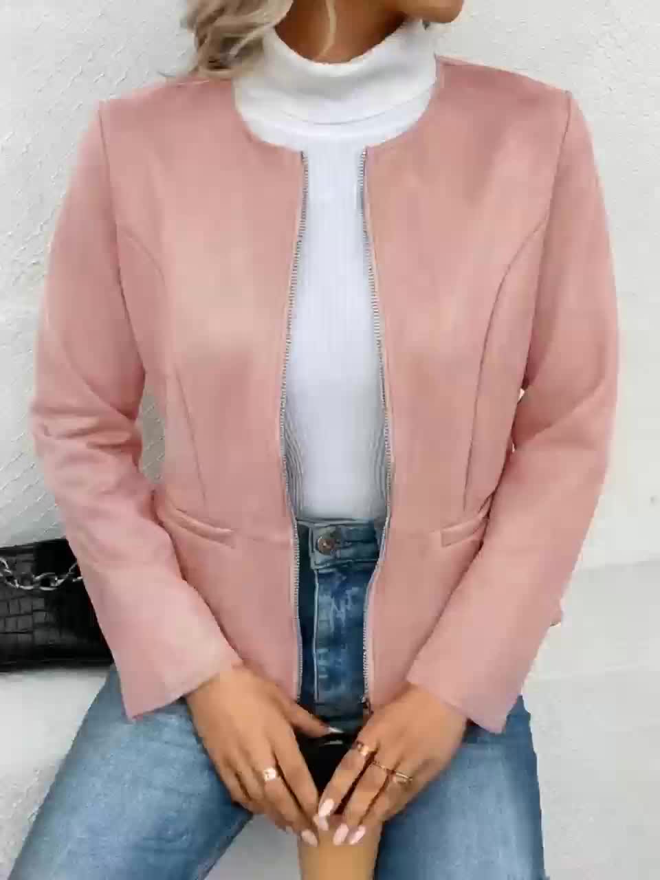 Slim Fit Zip Up Jacket for Women Round Neck Long Sleeve Casual Coat Solid Color All Season Versatile