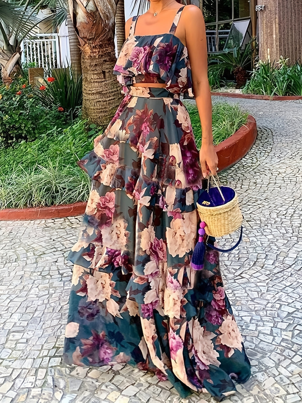 Boho Floral Print Halter Peplum Top and Cake Skirt 2pcs Set Women Beach Vacation Holiday Casual Spring Summer S-XXL