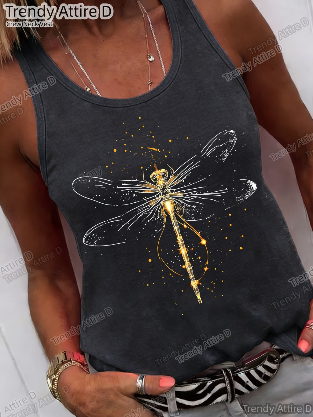 Retro Dragonfly Print Crew Neck Short Sleeve Top Women Casual Loose Fit Tee Multi-Color All Season S-XXL