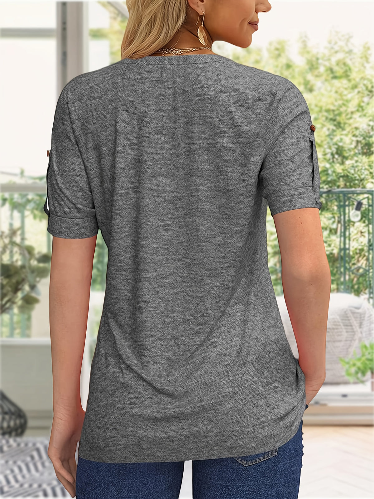 Button Front V-Neck Top Women Pleated Detail Short Sleeve Solid Color Casual Summer Blouse Lightweight Breathable Machine Washable