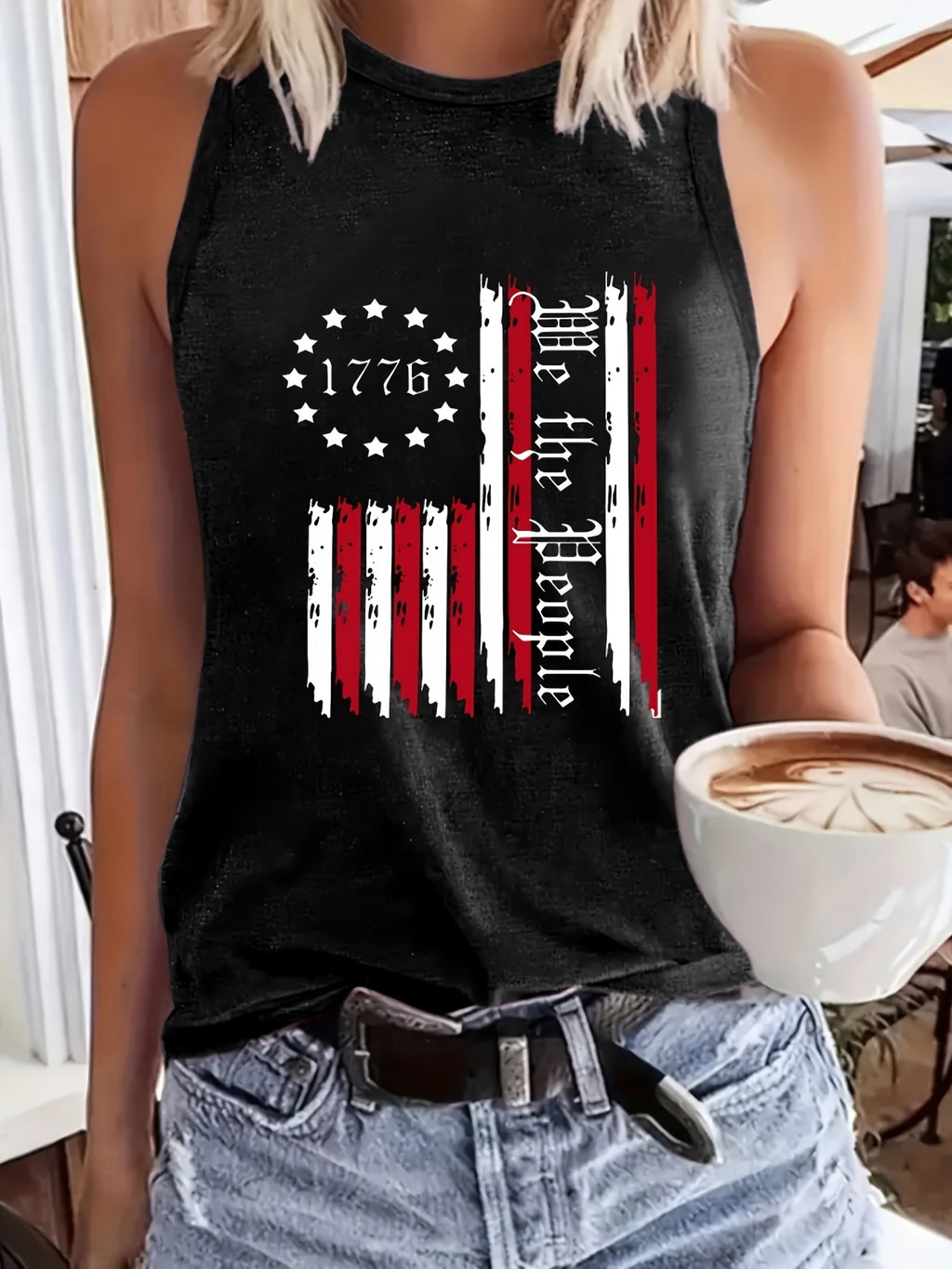Women's American Flag Sleeveless Tank Top Stars Stripes Print Round Neck Breathable Casual Blouse Spring Summer BBQ Patriotic Outfit