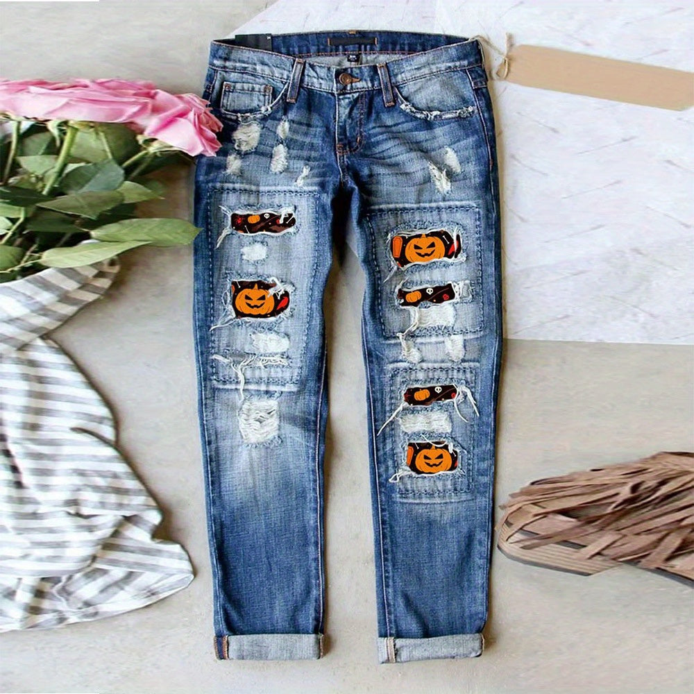 Halloween Patch Ripped Straight Leg Jeans Women Personalized Streetwear Distressed Denim Pants Trendy Casual Fall