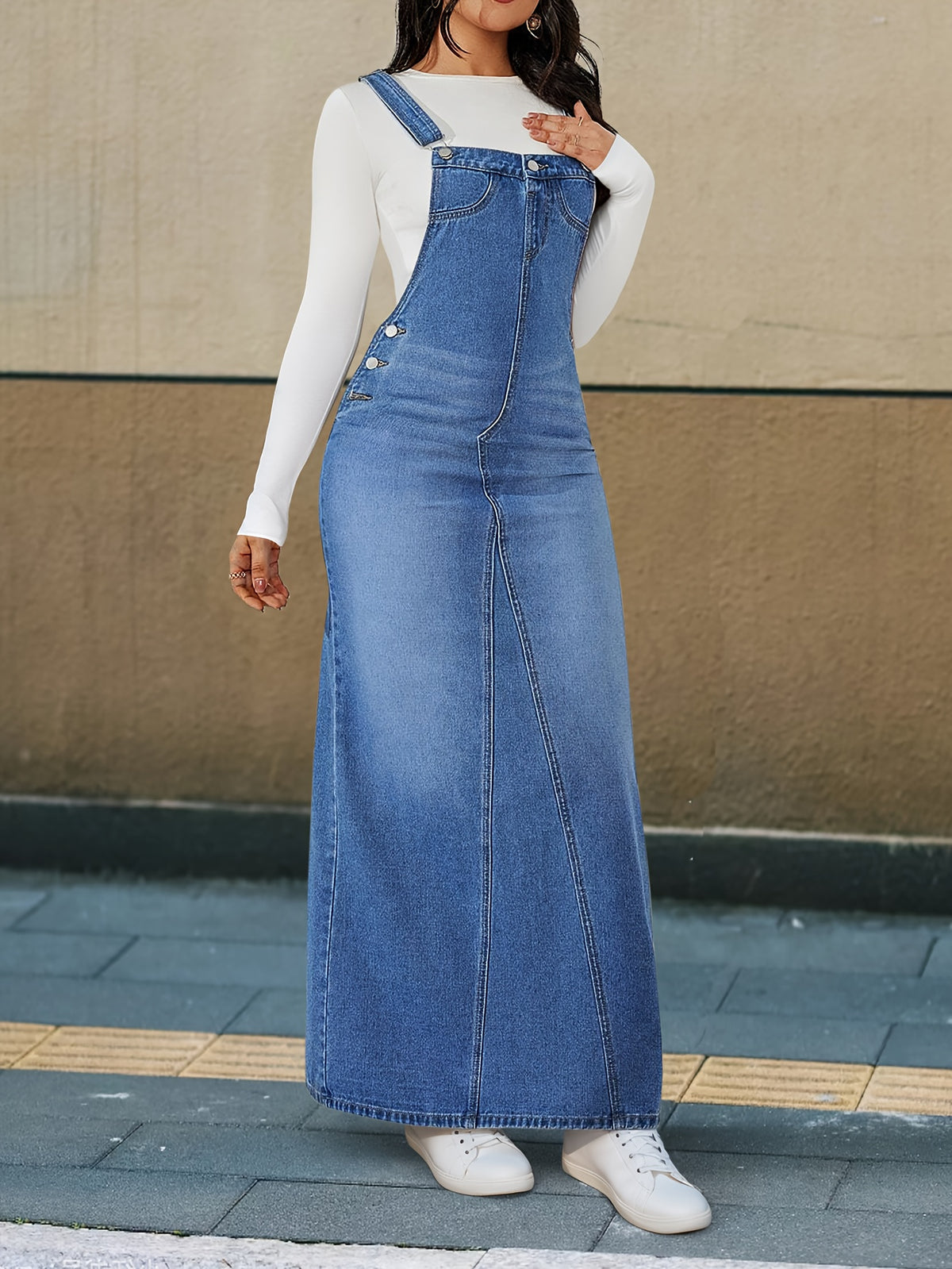 Women's Denim Maxi Dress Loose Fit Detachable Strap Button Closure Casual Chic Long Dress Spring Summer Fall