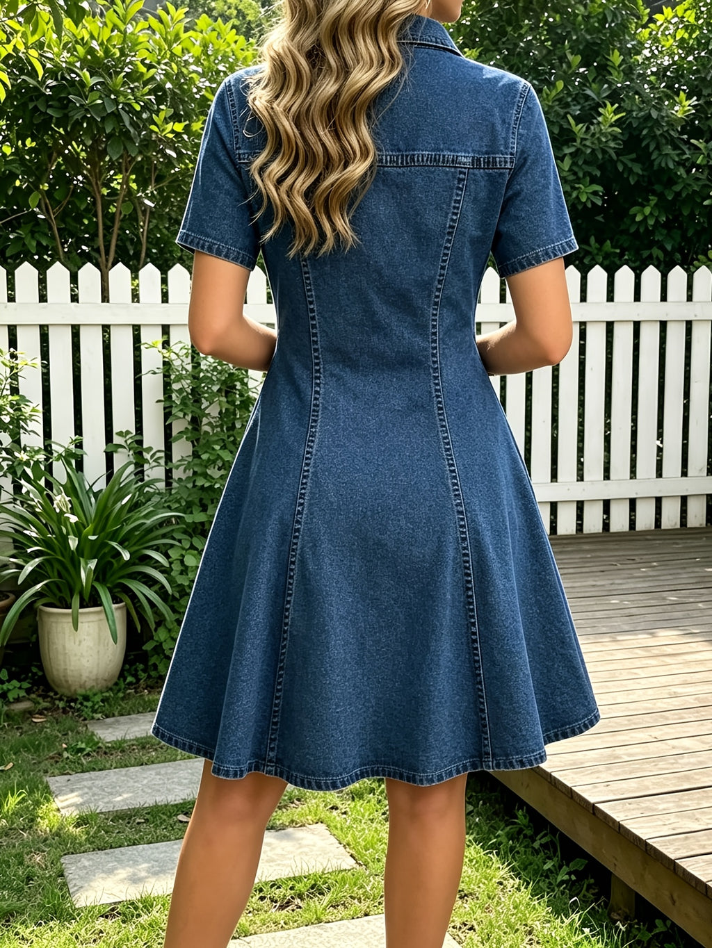 A-Line Denim Mini Dress Women Retro Polo Collar Short Sleeve Figure-Hugging Casual Dress Medium Blue S-XXL