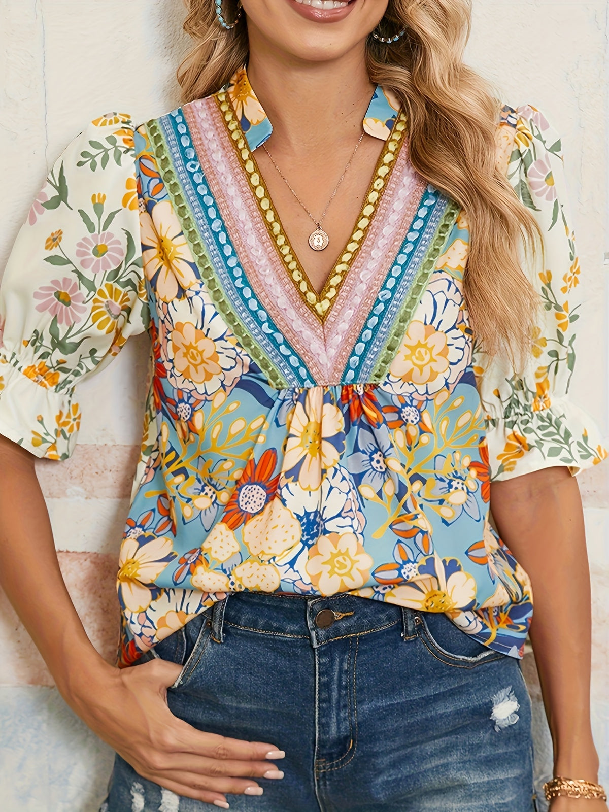 Crochet Boho Floral Blouse for Women | Multicolor V-Neck Puff Sleeve Top | Bohemian Floral Print Blouse | Chic Spring Summer Women's Shirt with Ruffle Detail