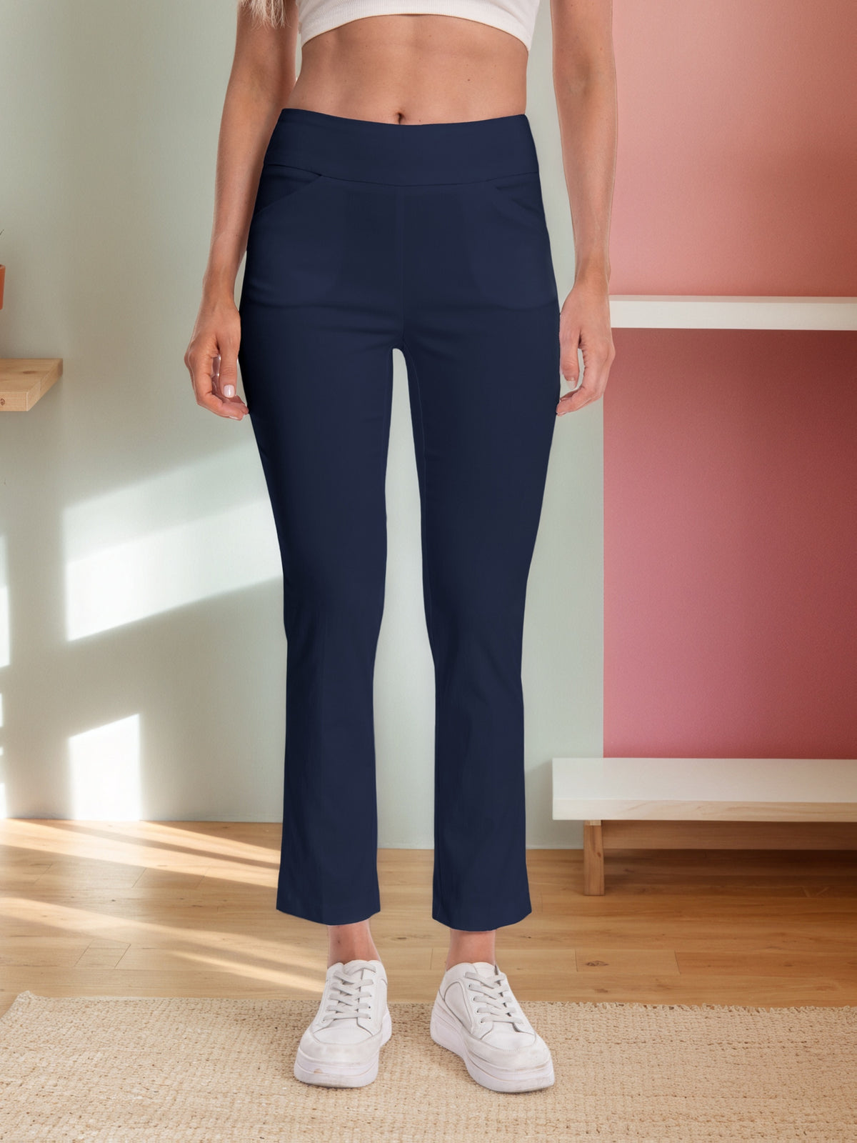 Stretch Ankle Pants Women High Rise Pull-On Straight Leg Slim Fit Work Office Travel Blush Pink Surf Black
