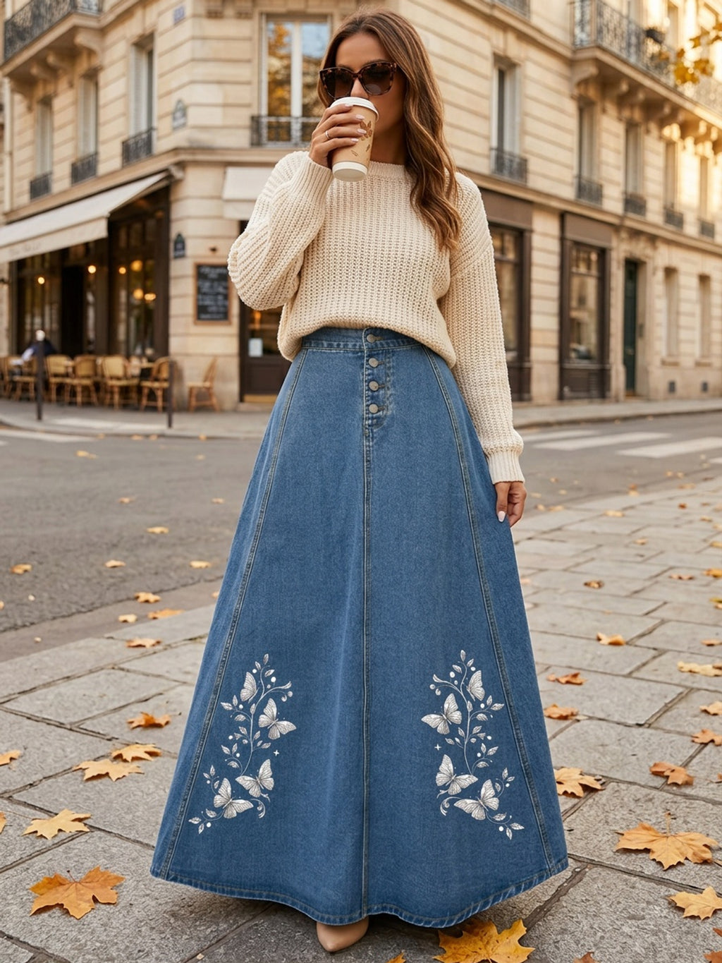 Floral Embroidered Denim Maxi Skirt Women Button Closure Long Jean Skirt Casual Formal All Season Solid Color High Quality 2025