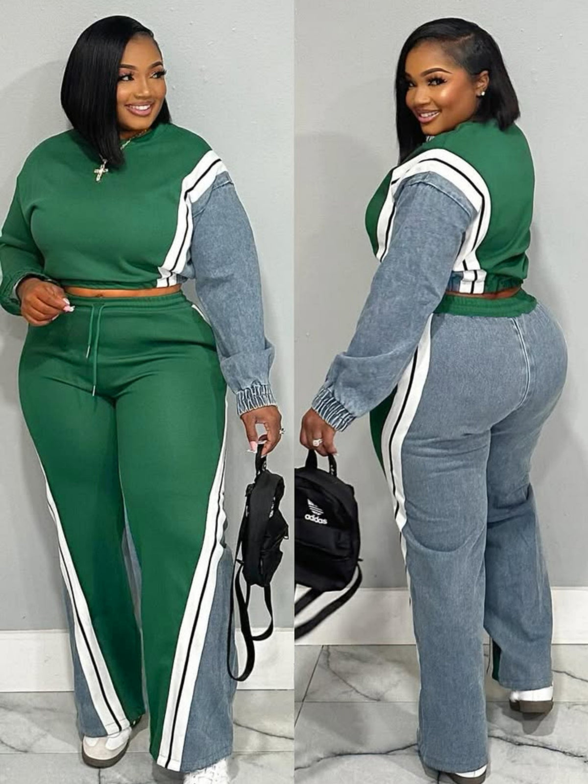 2pcs Tracksuit Set Women Color Block Contrast Stripe Cropped Top Wide-Leg Pants Casual Urban Streetwear Jogger Outfit
