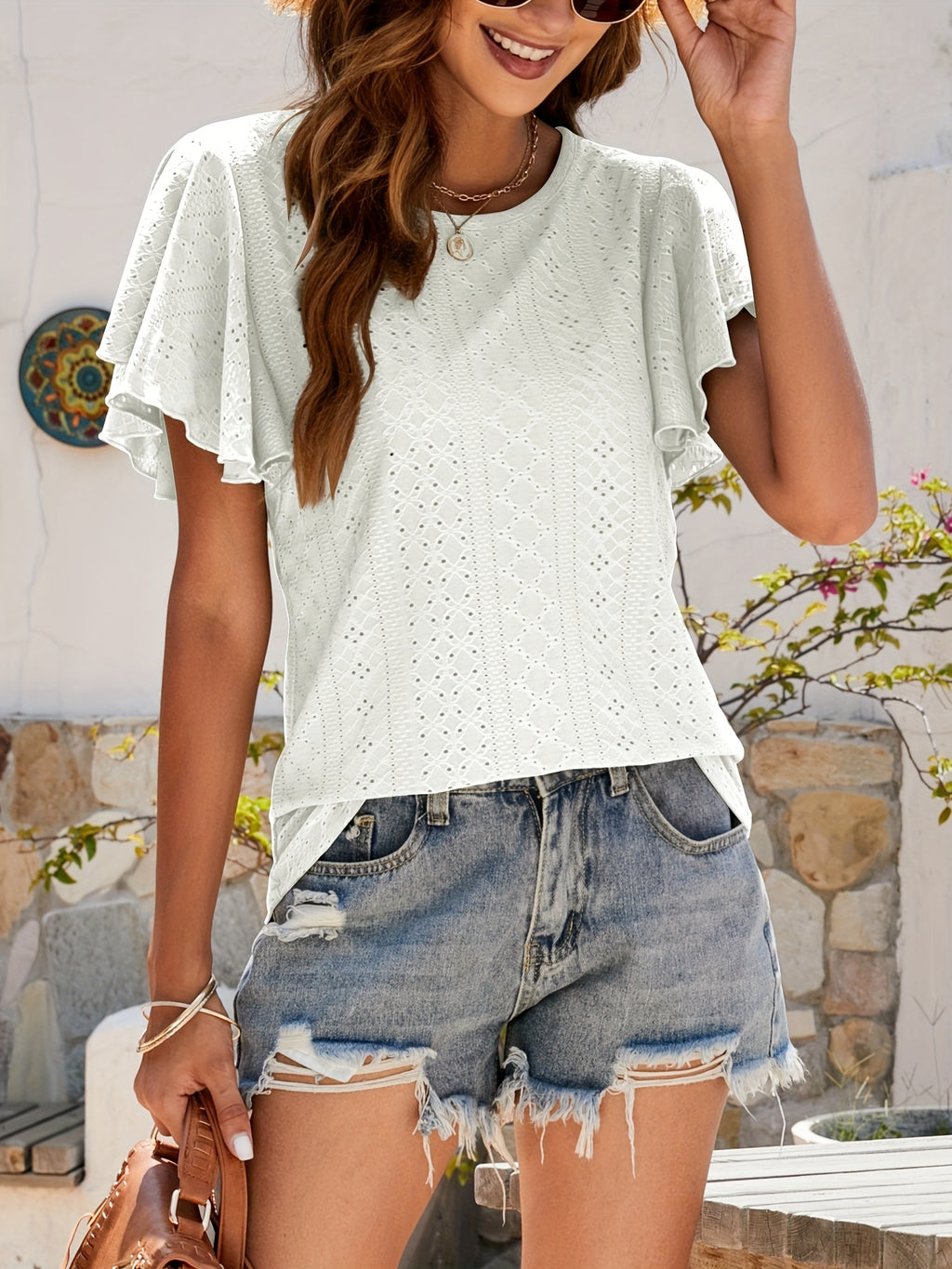 Ruffle Sleeve Hollow Out Blouse for Women | Lotus Leaf Sleeve Casual Top | Breathable Lace Trim Short Top | Chic Spring Summer Women's Shirt