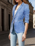 Classic Button-Up Long Sleeve Stretch Denim Jacket Women Light Blue Solid Color Regular Fit Fall Winter Casual Everyday S-XXL