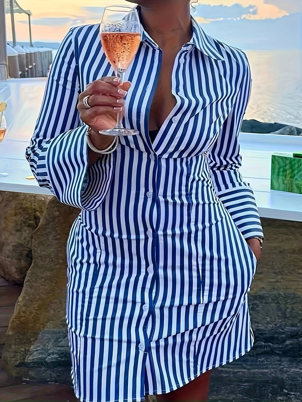 Striped Shirt Dress for Women Side Pockets Lapel Collar Casual Chic Spring Summer Fall Versatile Everyday Dress