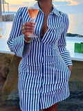 Striped Shirt Dress for Women Side Pockets Lapel Collar Casual Chic Spring Summer Fall Versatile Everyday Dress