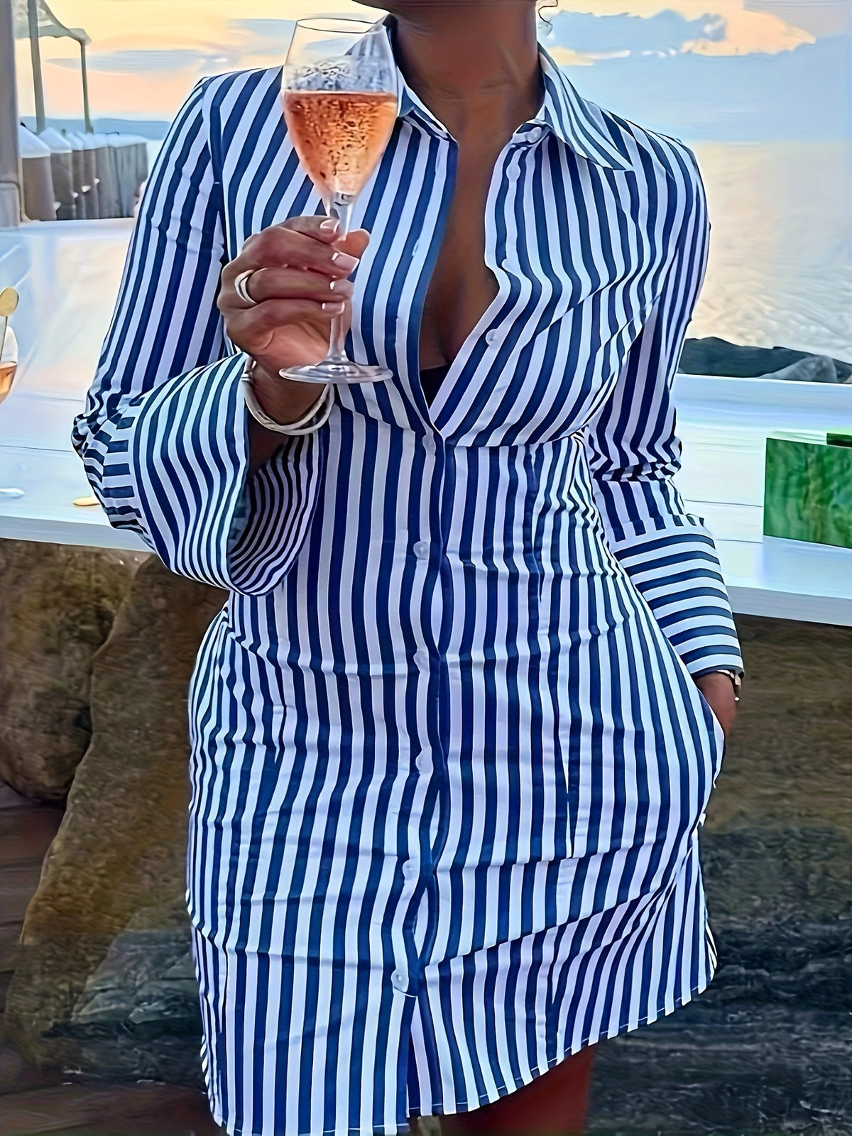 Striped Shirt Dress for Women Side Pockets Lapel Collar Casual Chic Spring Summer Fall Versatile Everyday Dress