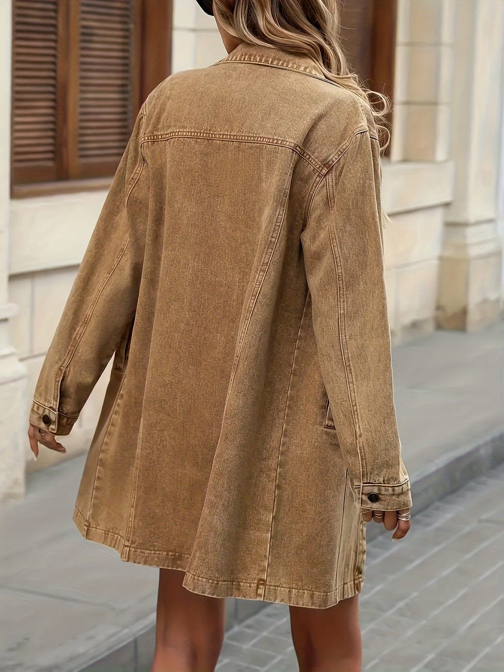 Khaki Vintage Washed Denim Jacket Women Mid-Length Lapel Long Sleeve Spring Fall Winter Casual Streetwear Sophisticated Outerwear