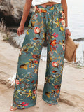 Floral Print Wide Leg Pants Women - Green Teal Multicolor Digital Print Trousers, Relaxed Fit Machine Washable Casual Commute Vacation Pants