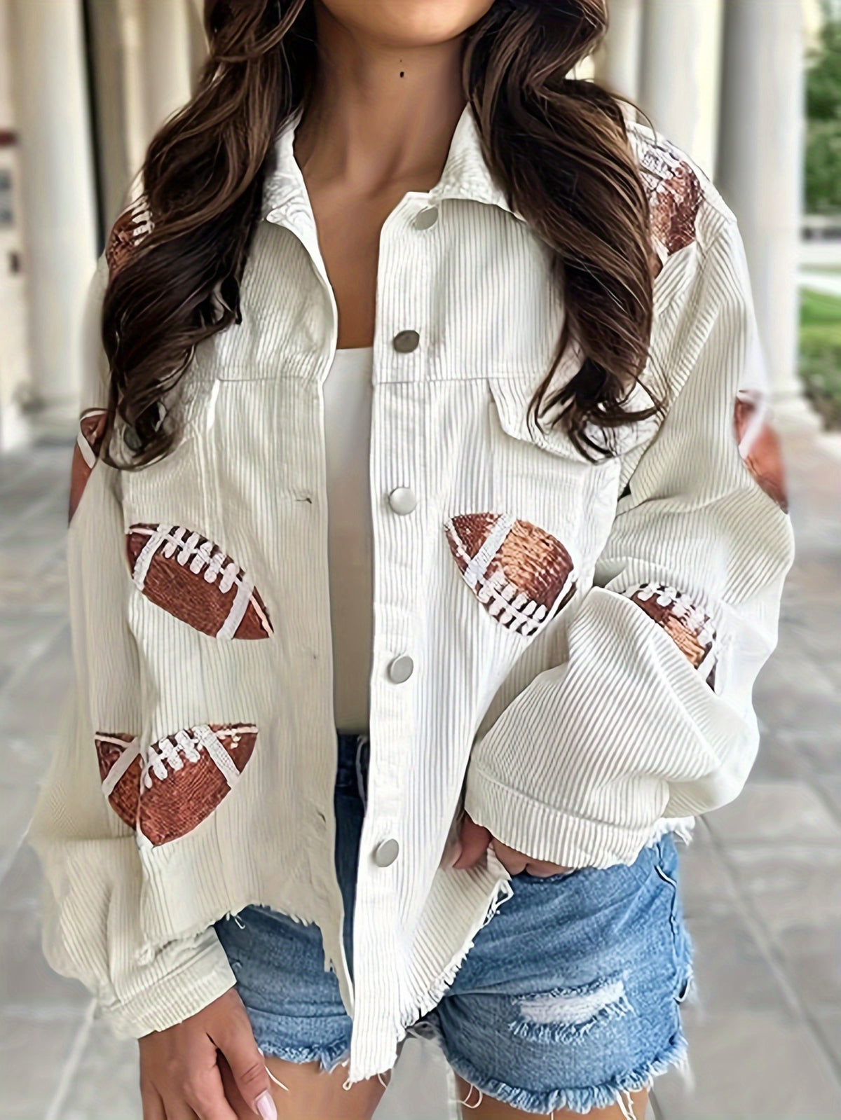 Football Sequin Cropped Corduroy Jacket Women Vintage Shacket Lapel Pockets Long Sleeve Game Day Campus Party Loose Fit