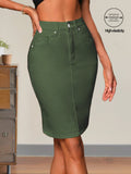 Olive Green High Waist Denim Pencil Skirt Women Stretchy Button Front Side Pockets Back Slit Y2K Vintage Spring Summer S-XXL