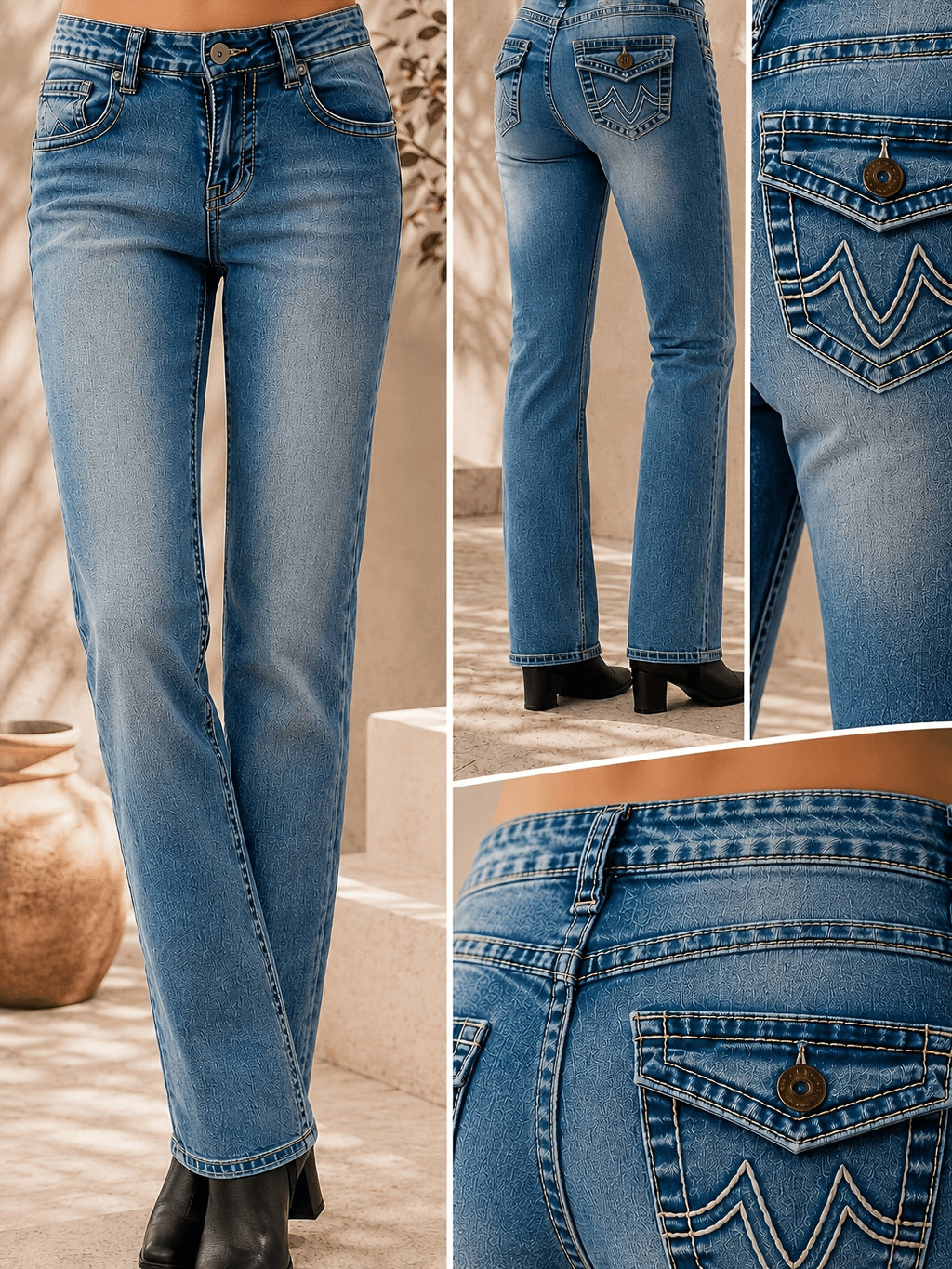 Embroidered High Waist Slim Straight Leg Jeans Women Fashion Denim Pants Hugging Fit Blue S-XXL