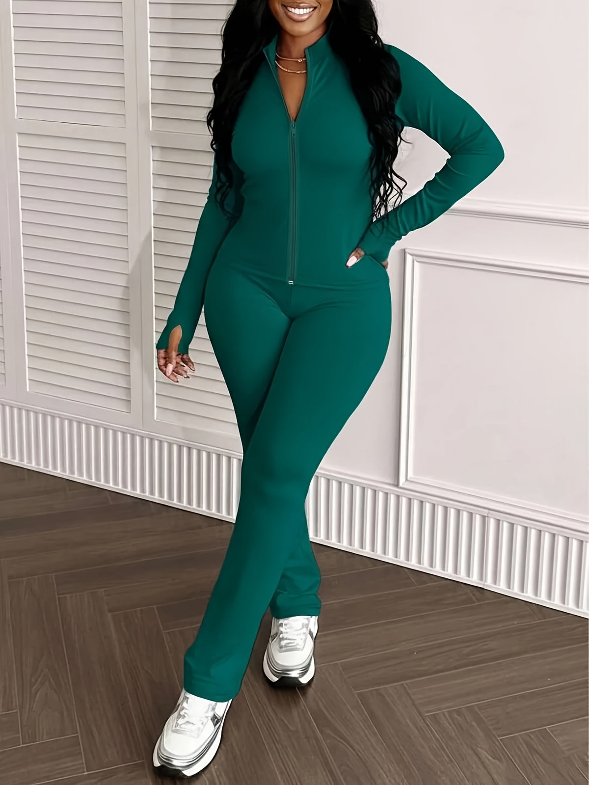 Women's 2-Piece Office Outfit Set Slim Fit Stand Collar Jacket & High Waist Flare Pants Work Casual