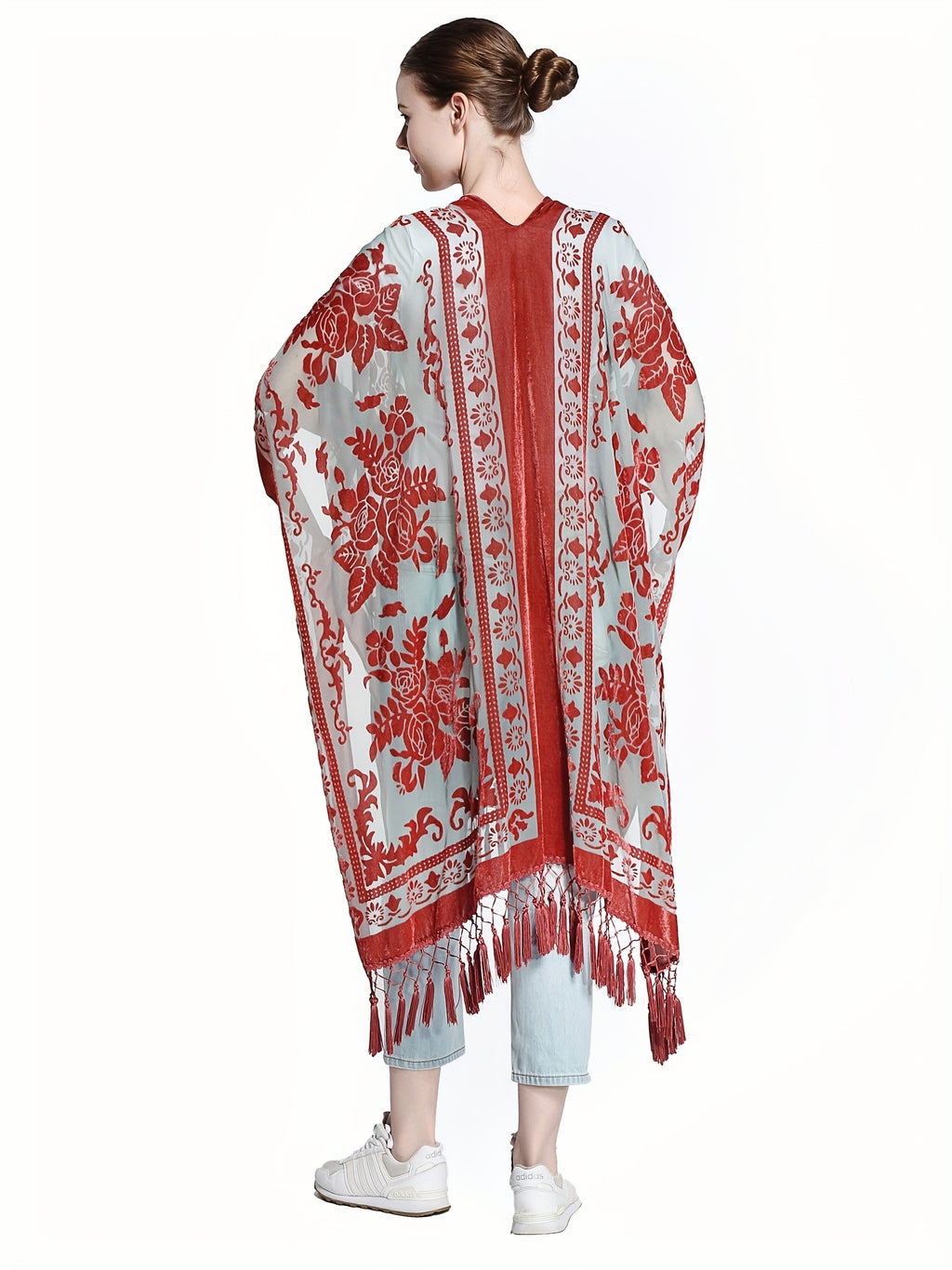 Boho Burnout Velvet Kimono Women Long Cardigan Cover Up Tassel Floral Embroidered One Size