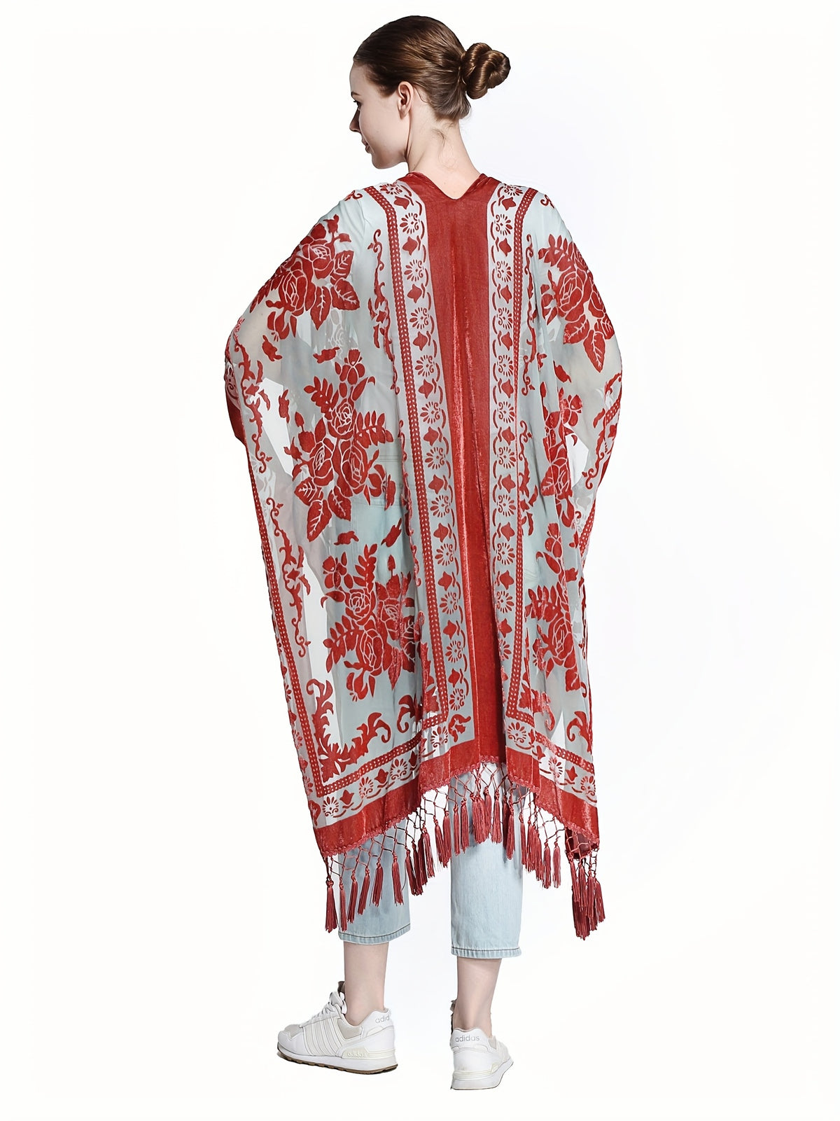 Boho Burnout Velvet Kimono Women Long Cardigan Cover Up Tassel Floral Embroidered One Size