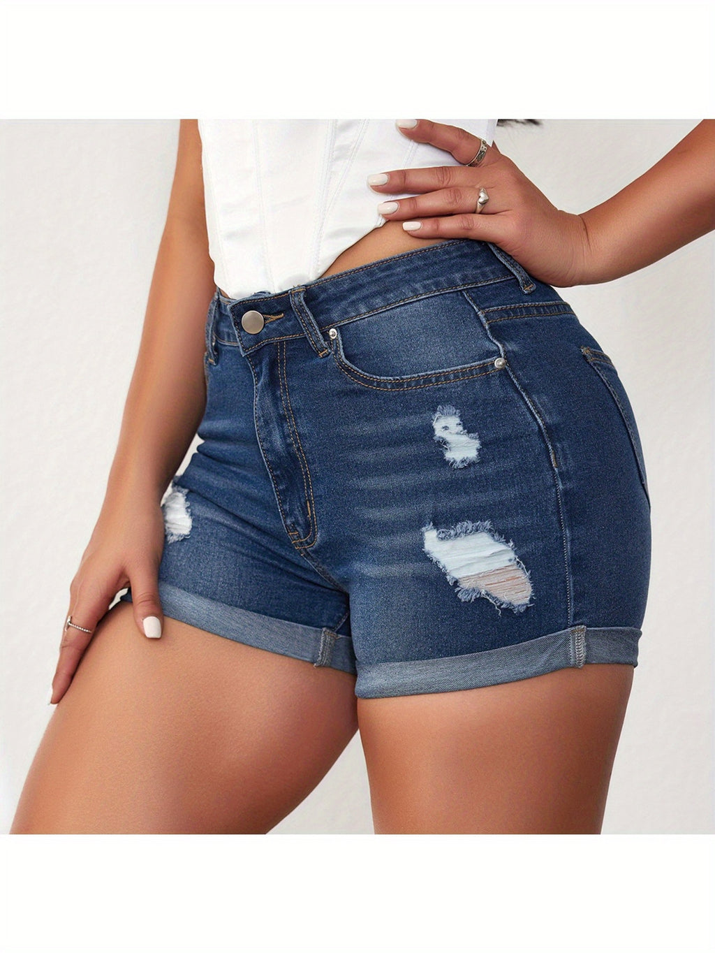 Western Distressed Denim Shorts for Women - High Stretch Cuffed Hem Trendy Comfort, Vintage Cowgirl Style Jean Shorts for Summer Casual Beach Vacation
