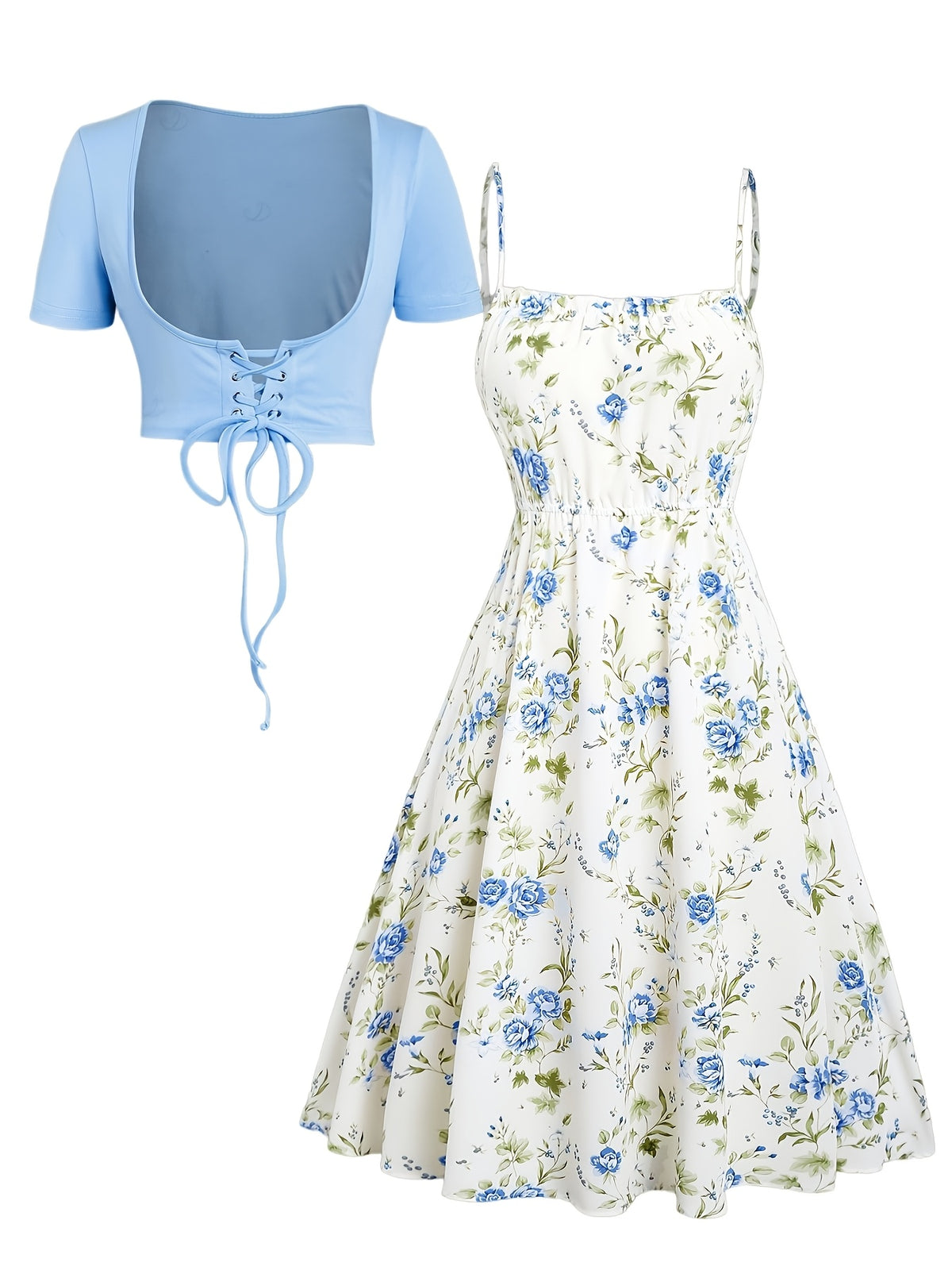 Women Floral Print Cami Dress and Lace Up Crop Top 2 Piece Set Sleeveless Waisted Summer Vacation Beach Casual Matching Outfit