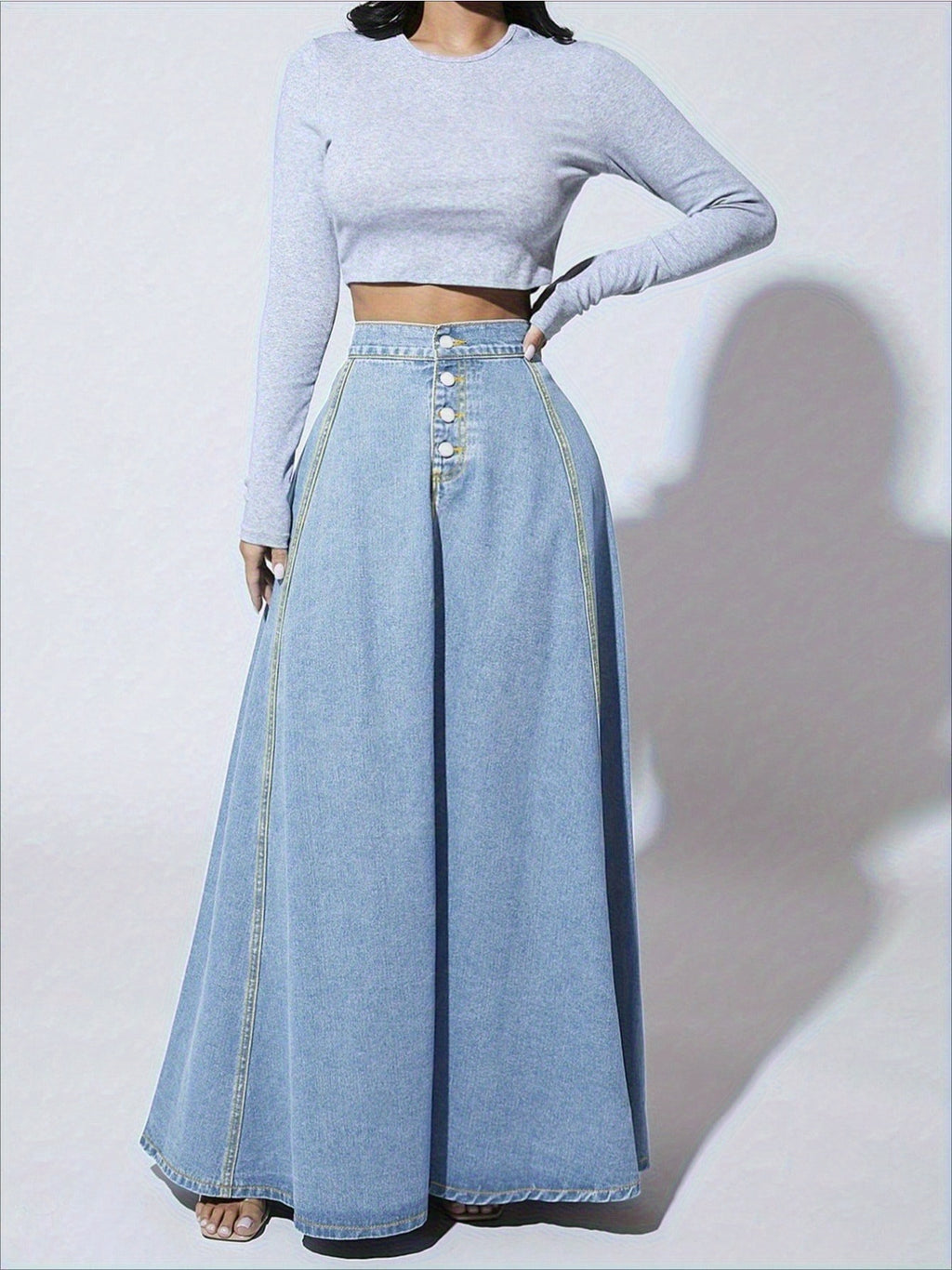 Women Single Breasted Denim Midi Skirt Vintage Flared A-Line Lace Patchwork Flowy Dark Blue XS-XXL Spring Summer Fall