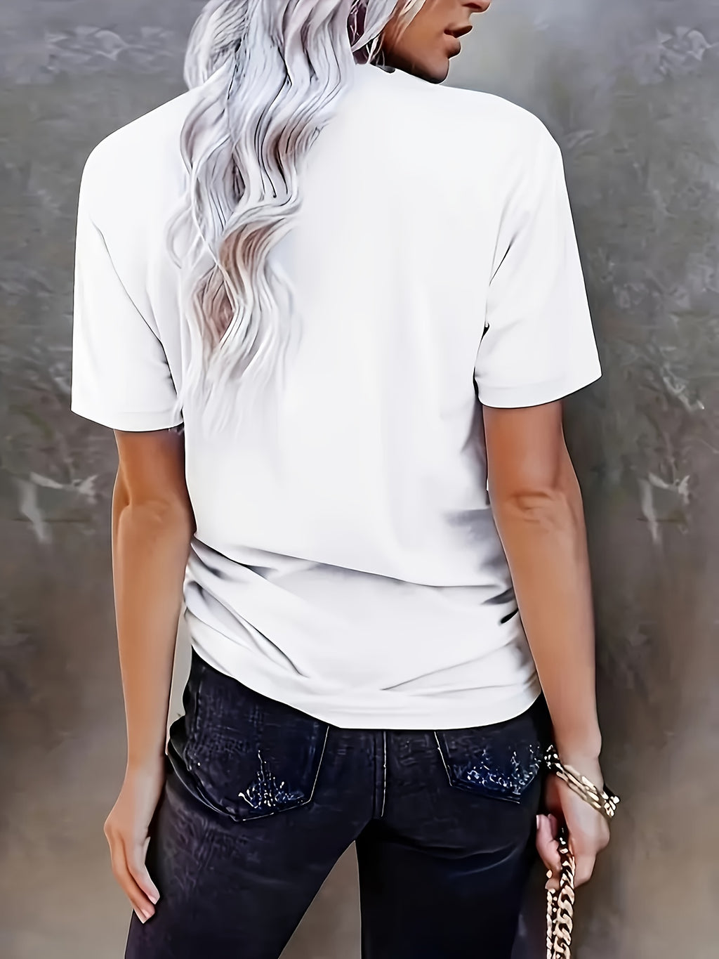 Letter Print Crew Neck T-Shirt Women Soft Stretch Casual Everyday Tee Chevron Jersey Knit All Season XS-XL