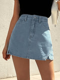 High Waist Denim Skort Women Mini Side Slit Jean Skirt Shorts Light Blue Black S-XL