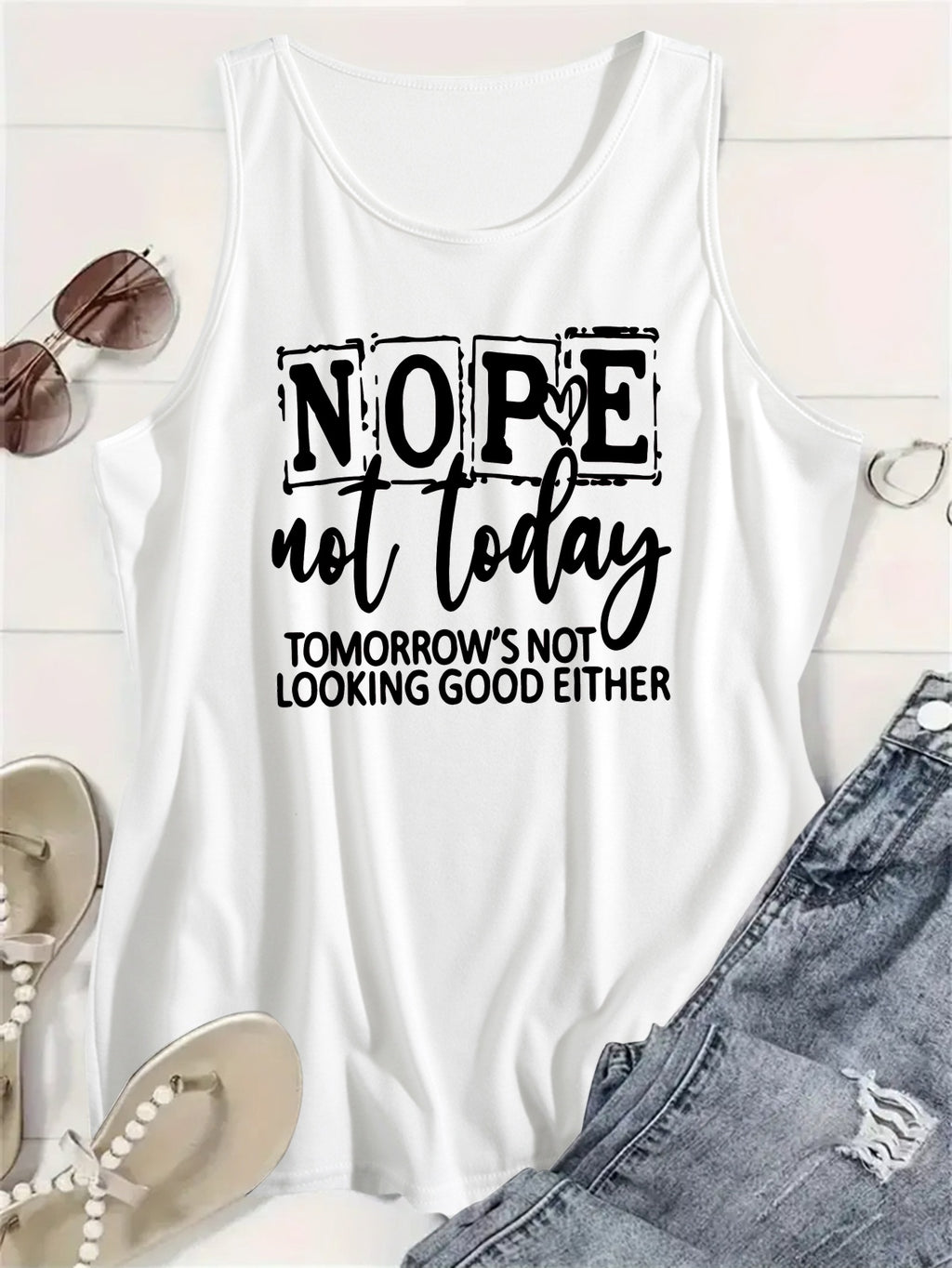 Women's Retro Graphic Sleeveless Tank Top Black Heart Text Print Round Neck Casual Loose Breathable Summer Spring