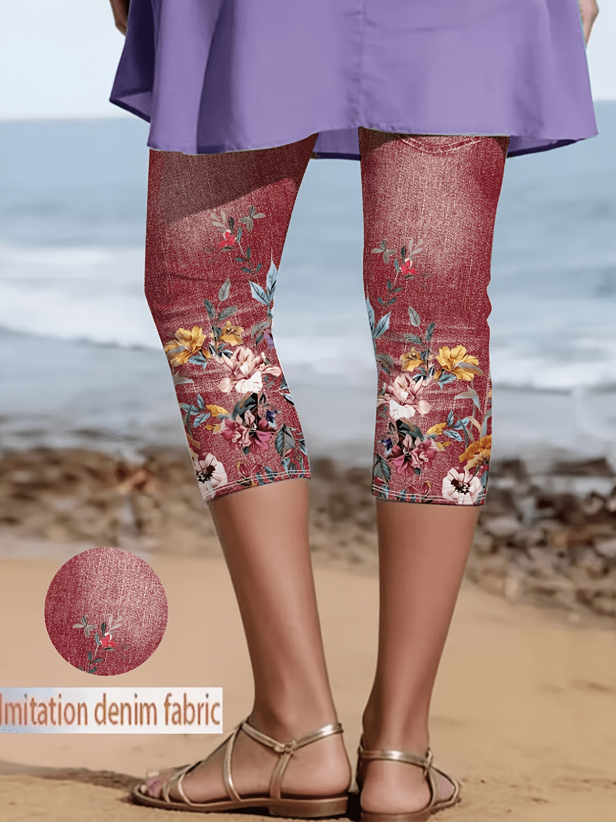Faux Denim Print Capri Leggings for Women – Imitation Denim Floral Pattern 3/4 Length, Mid-Stretch Knit, Elegant Party Vacation Commute, 5 Colors S-XXL