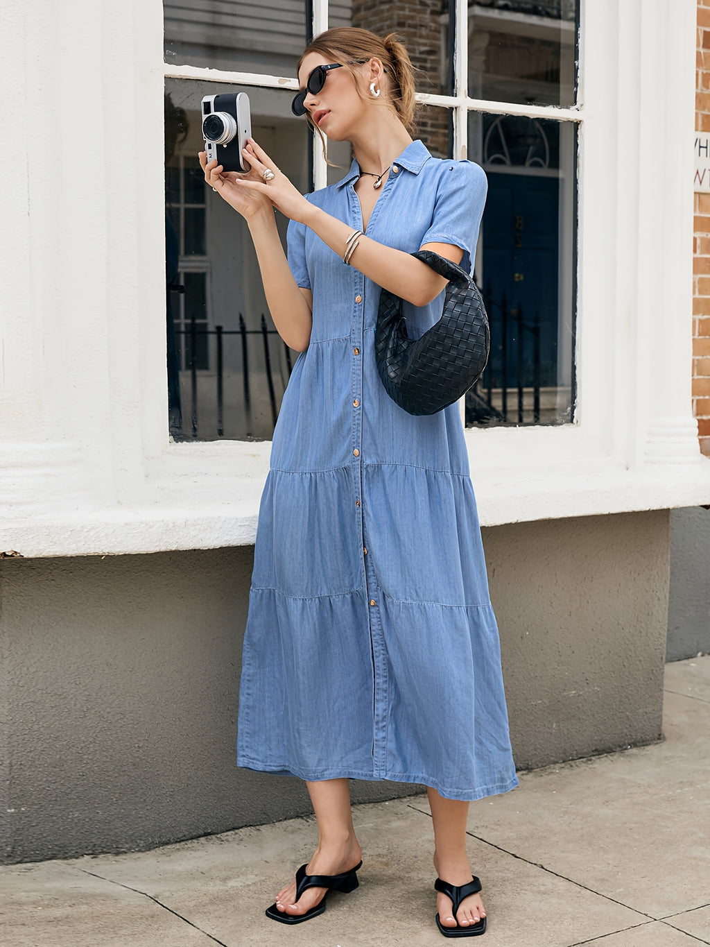 Lyocell Tiered Ruffle Hem Denim Dress Women V-Neck Short Sleeve Maxi Floor-Length Light Blue Casual Vacation All-Season Regular Fit