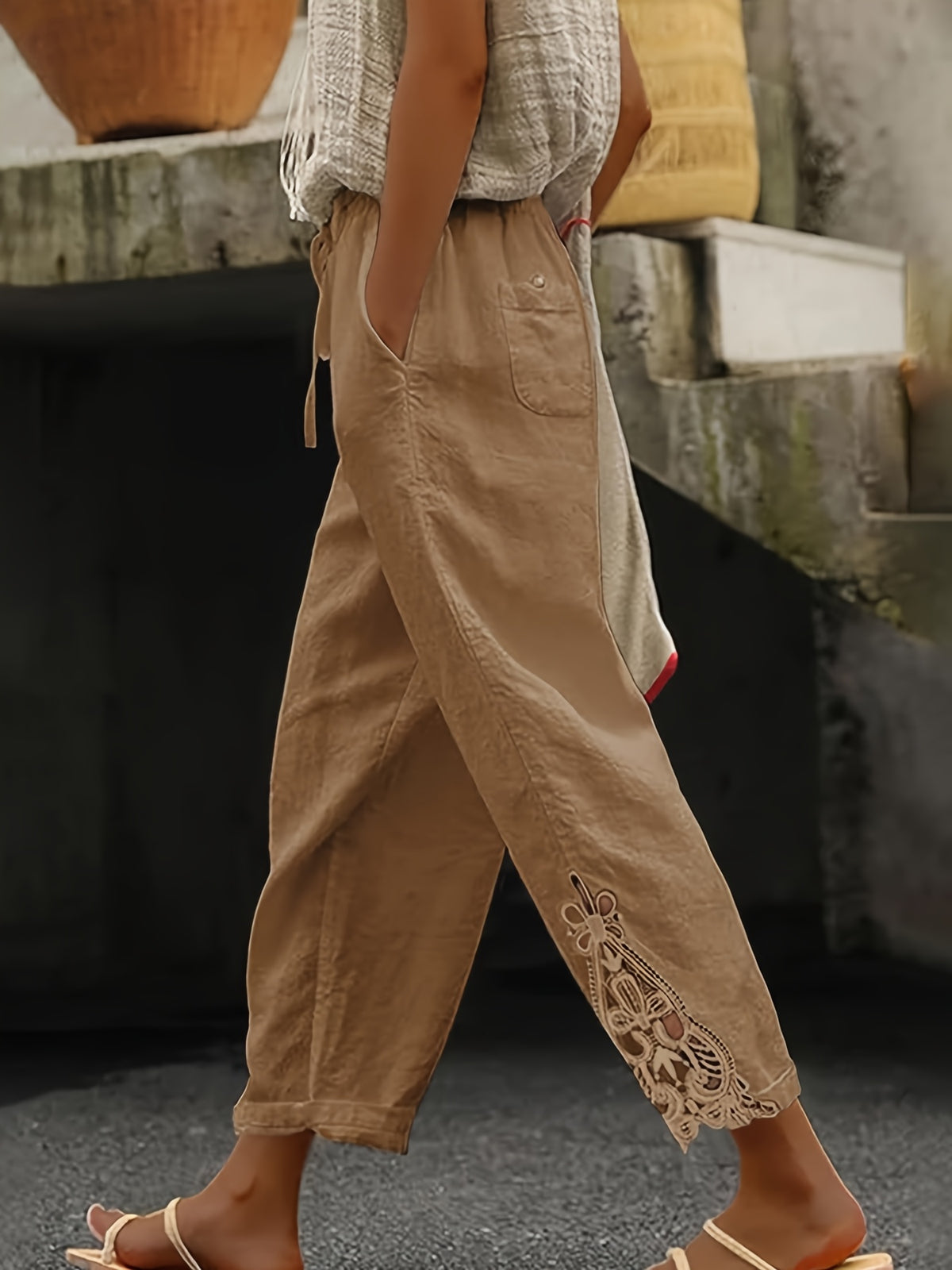 Lace Trim Wide Leg Pants Women High Waist Drawstring Casual Nine-Point Pants White Khaki Black Grey S-XXL