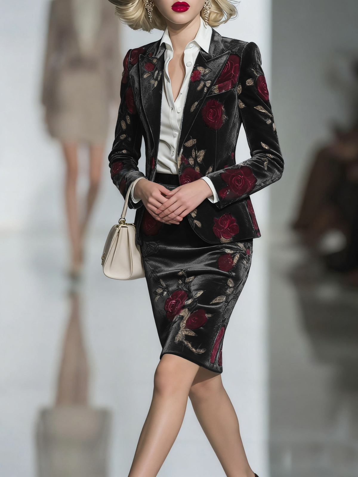 Women's Rose Flower Print 2-Piece Suit Blazer and Hip-Wrapped Skirt Set Vintage Elegant Evening Party Formal Occasion Outfit