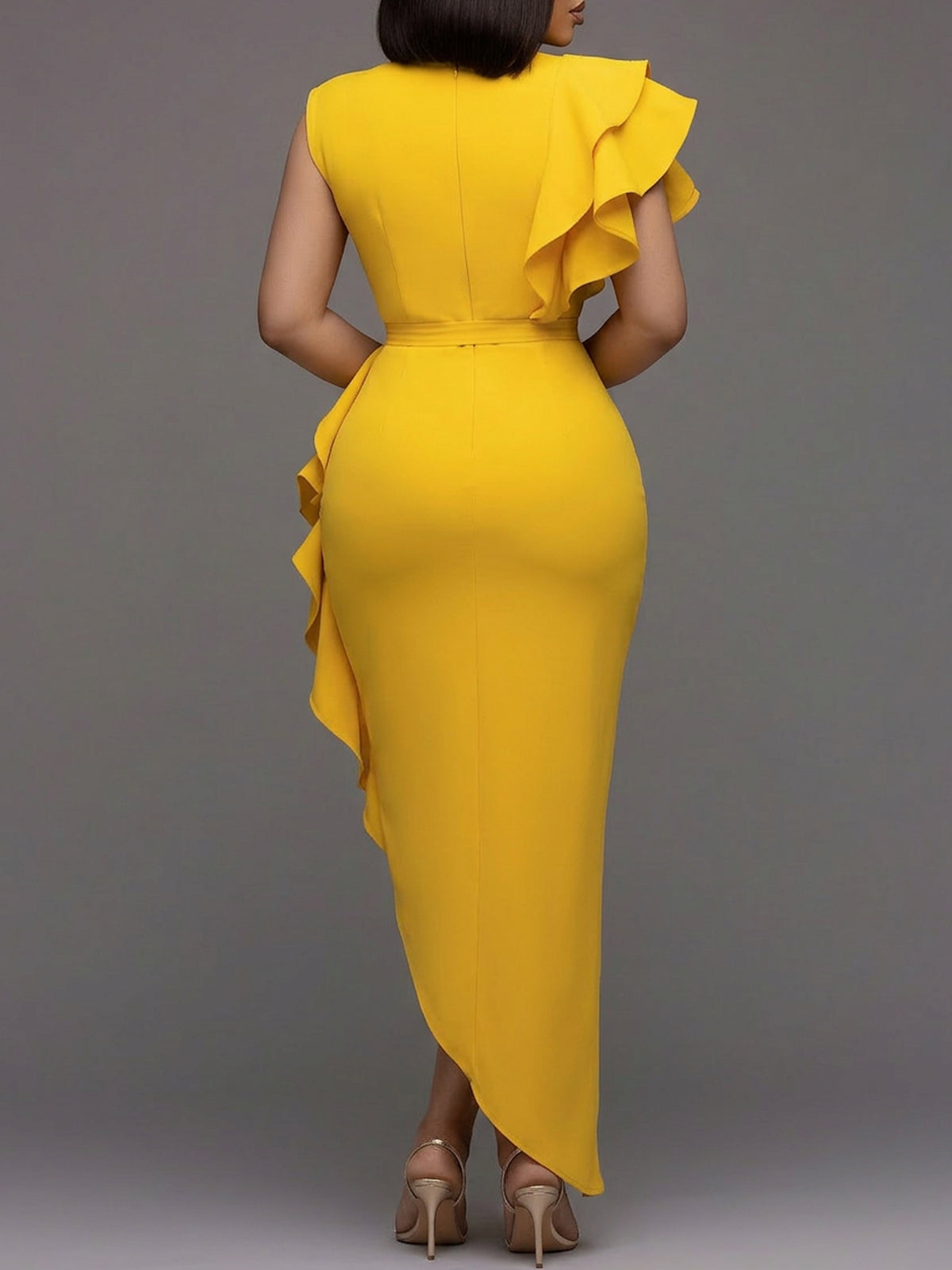 Mermaid Fishtail Dress Women Ruffled Waist Sleeveless Slit Formal Evening Wedding Prom Elegant Solid Color Round Neck