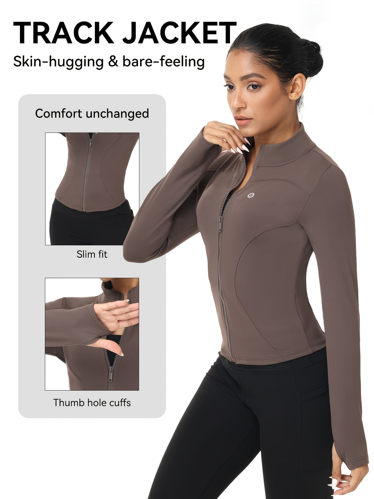 Women Zip Up Workout Jacket Thumb Holes Lightweight Moisture Wicking Slim Fit Sportswear Black Camel S-XL