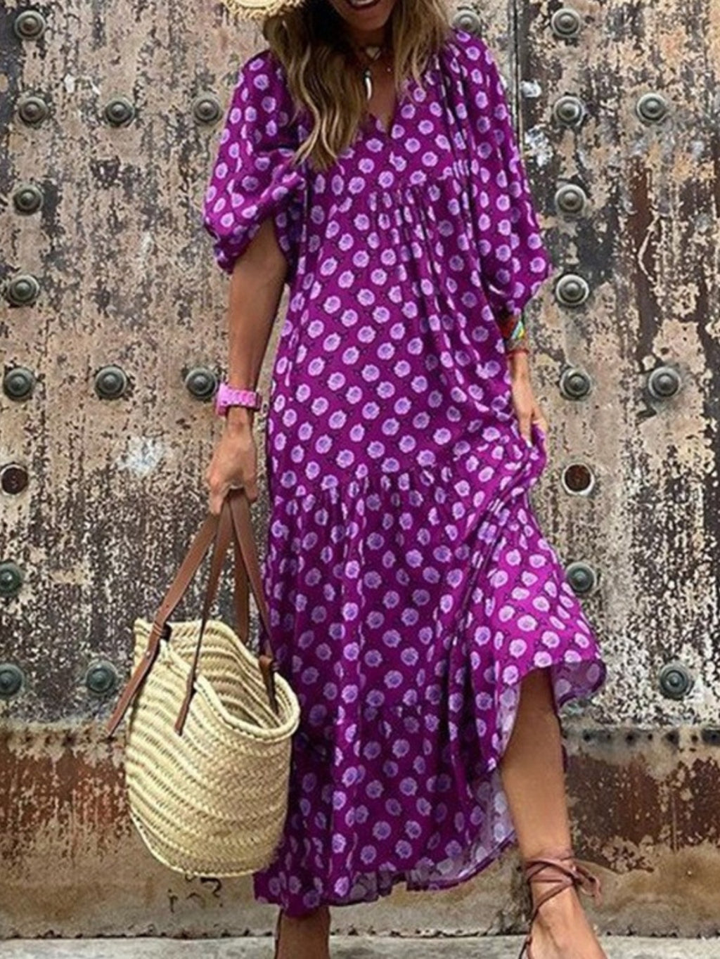 Boho Floral Puff Sleeve Maxi Dress Women V-Neck Lantern Sleeve Loose Long Dress Geometric Floral Print Lightweight Summer Dress S-XXL