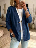 Women's V-Neck Denim Cardigan Jacket Open Front 3/4 Sleeve Loose Fit Button-Up Jean Coat Casual Lightweight Layering Top
