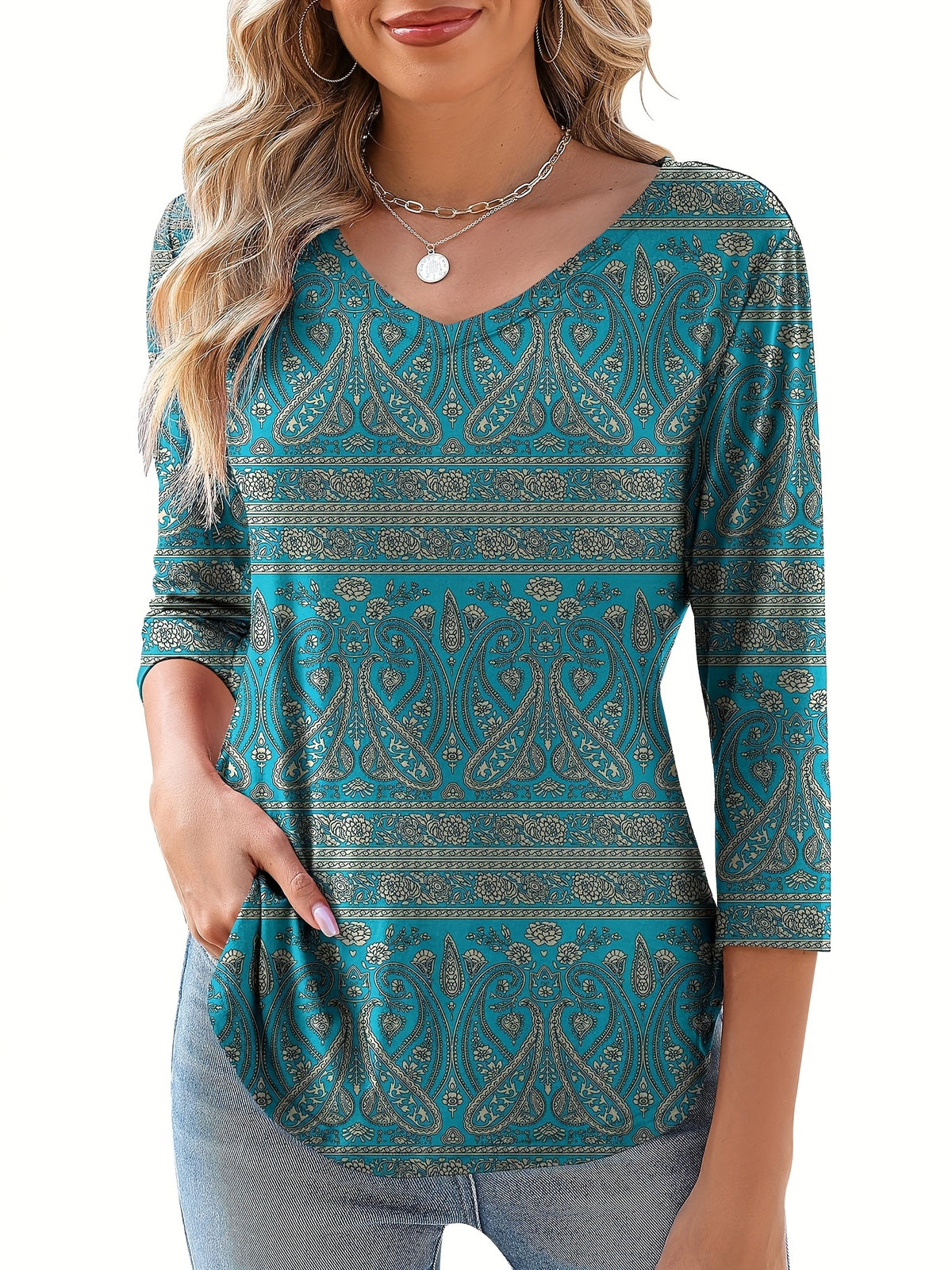 Random Floral Print V-Neck Blouse Women 3/4 Sleeve Versatile Basic Top Casual Elegant Spring Summer Fall S-XXL