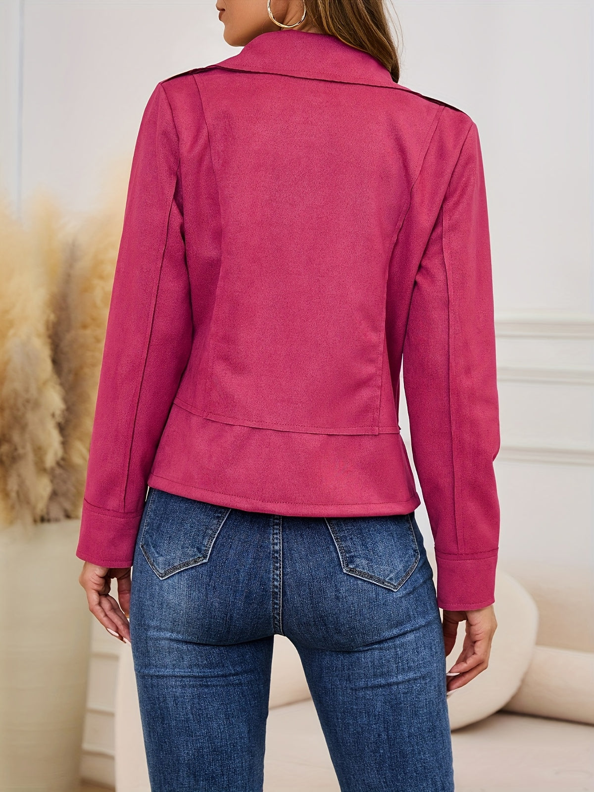 Women Faux Suede Leather Jacket Zipper Casual Fashion Outerwear Rose Red Khaki Orange Black S-XL