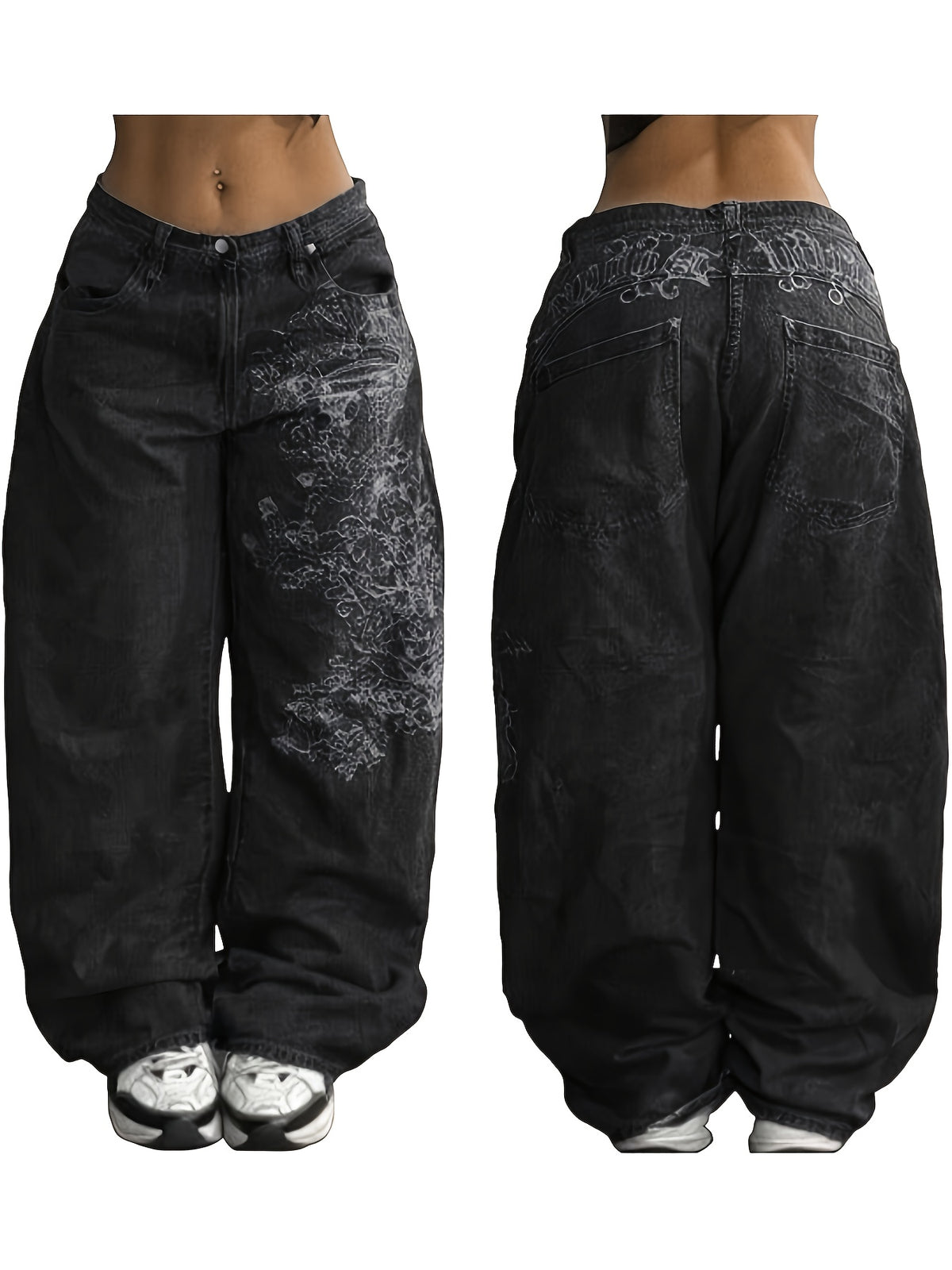 Women Hip Hop Baggy Jeans Mid Low Waist 90s Vintage Denim Pants Streetwear Loose Wide Leg Black Dark Gray Dark Blue S-XXL